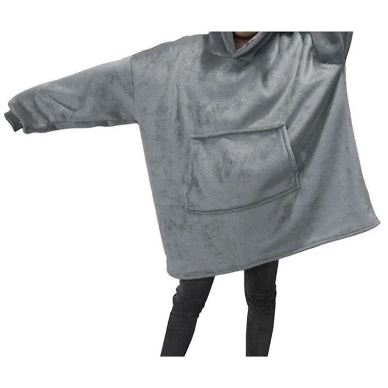 Winter Women Blanket Hooded Sweatshirt Solid Fleece Warm Long Sleeve Oversize Long Hoodies TV Pocket Blanket Female Robe Coat