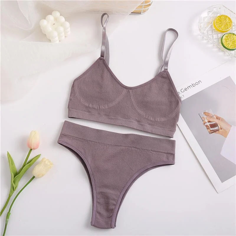 Billionm Sexy Bra Set Women Seamless Underwear Female Lingerie Ribbed Tops Thong High Waist Panties Brassiere Stretchy Tank Crop Top