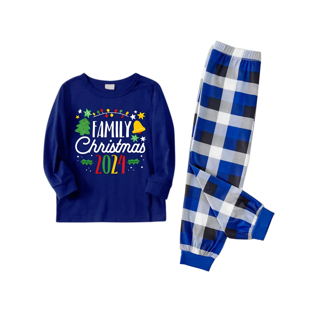 "Family Christmas 2024" Text and Cute Pattern Printed Blue and White Plaid Family Matching Pajamas