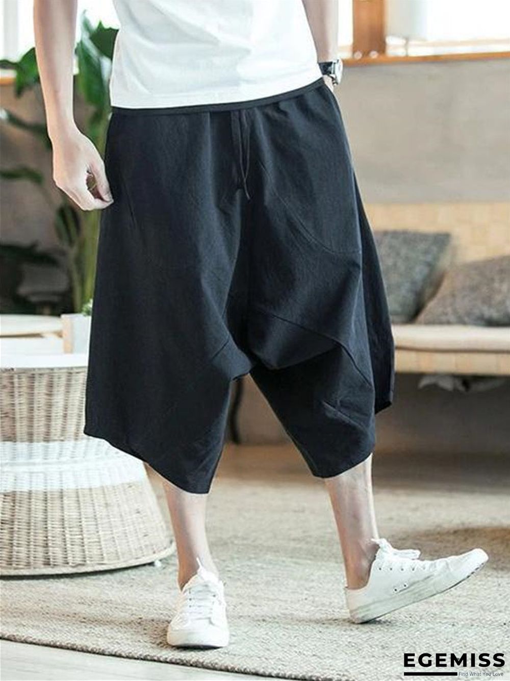 Men Wide Crotch Pants Loose Large Cropped Wide-legged Bloomers Flaxen Baggy Trousers | EGEMISS