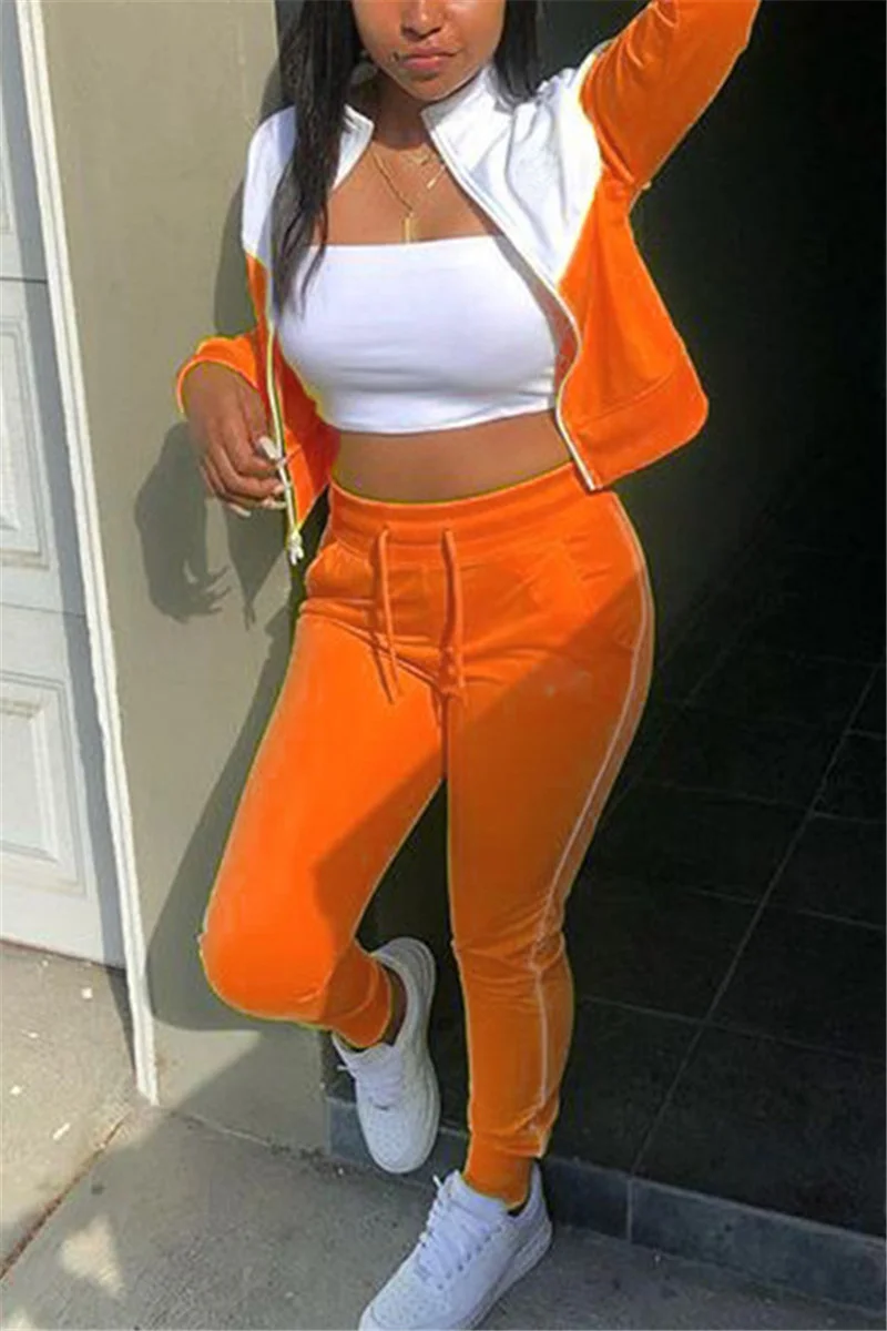 Orange Fashion Sportswear Adult Patchwork Solid Patchwork O Neck Long Sleeve Regular Sleeve Regular Two Pieces | EGEMISS