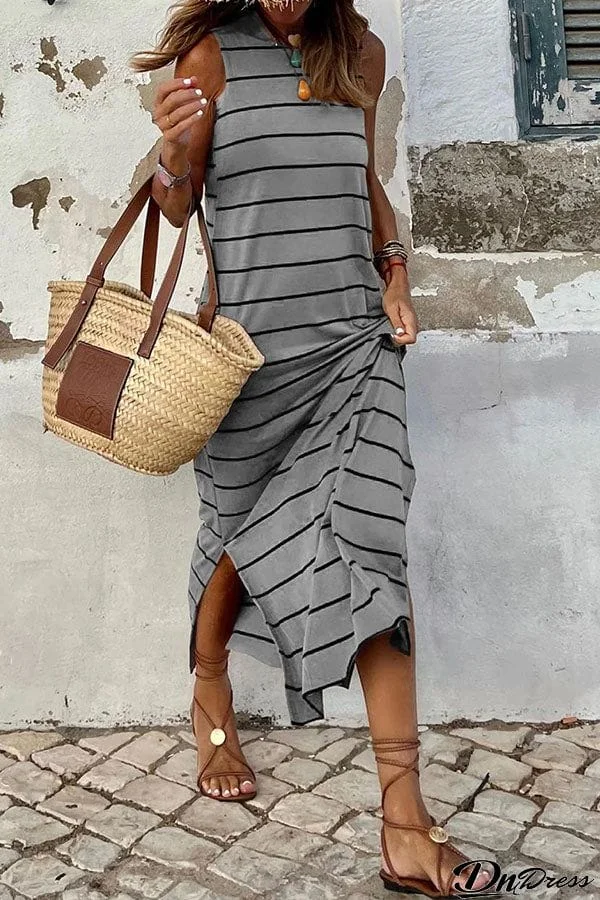 Striped Backless Casual Side Slits Maxi Dress