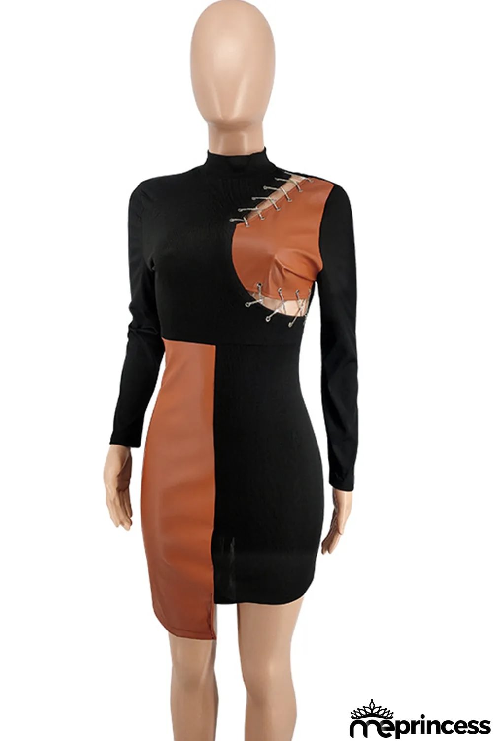 Red Fashion Sexy Patchwork Hollowed Out Asymmetrical O Neck Long Sleeve Dresses