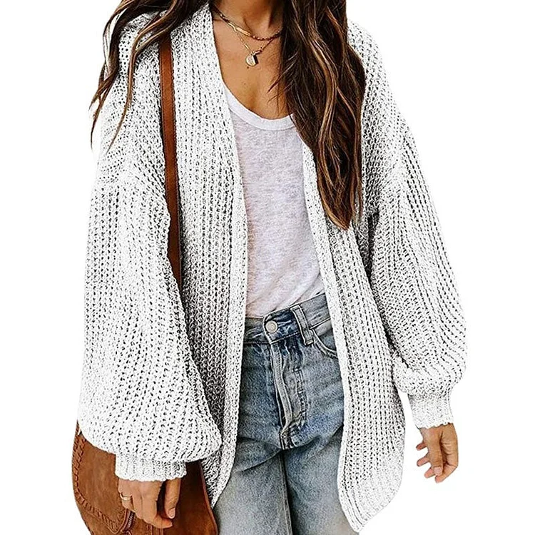 Loose Solid Color Lantern Sleeve Mid Length Sweater Jacket socialshop