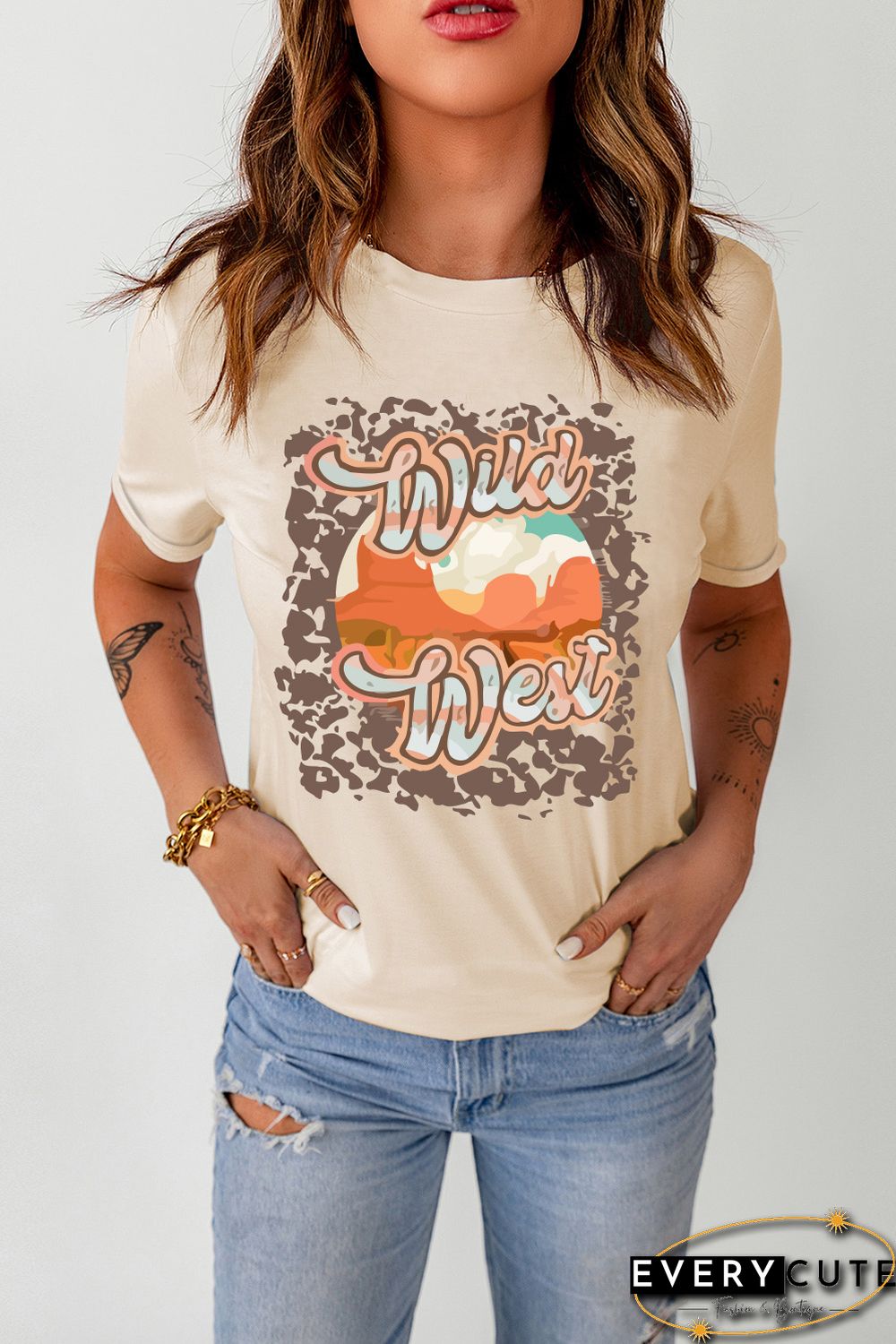 Khaki Wild West Western Pattern Print Short Sleeve T Shirt