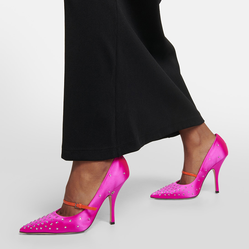 GOOSHOE Hot Pink Stiletto Satin Heels Pointed Toe Studs Pumps