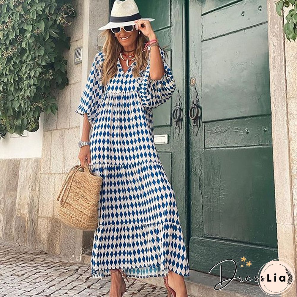 Lantern Sleeve Printing Long Dresses Women Summer Fashion V Neck Ankle-length Geometric Collage Dress Loose Boho Beach Dresses