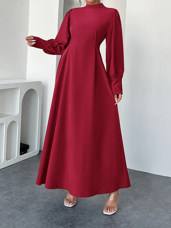 Pleated Solid Color Tied Waist A-Line High Waisted Mock Neck Maxi Dresses