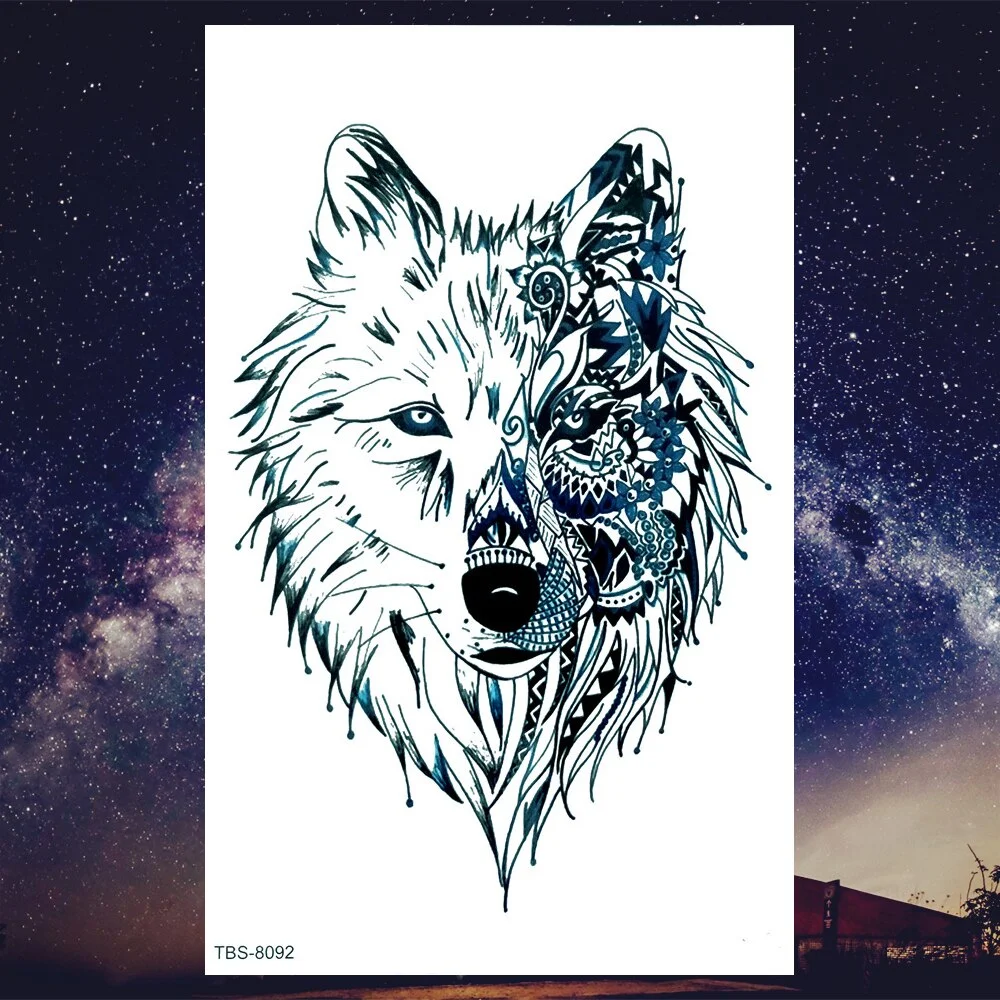 Sdrawing Henna Fake Temporary Tattoos For Men Women Black Creative Wolf Tattoo Sticker Geometric Tribe Owl Skeleton Tatoos Body Arms