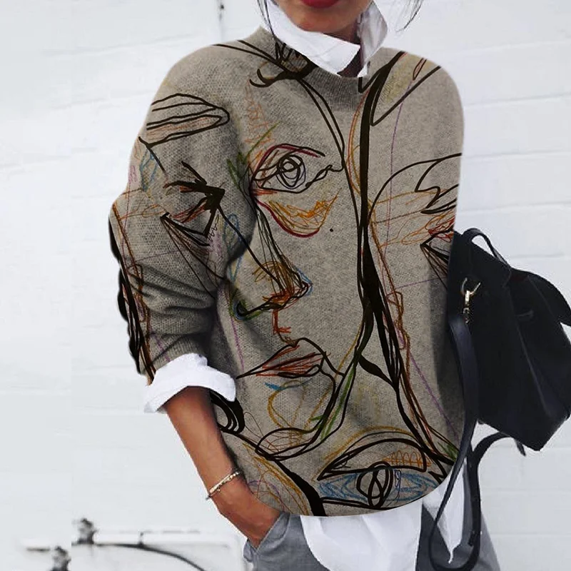 Fashion Brushed Portrait Printed Loose Long Sleeve Sweater