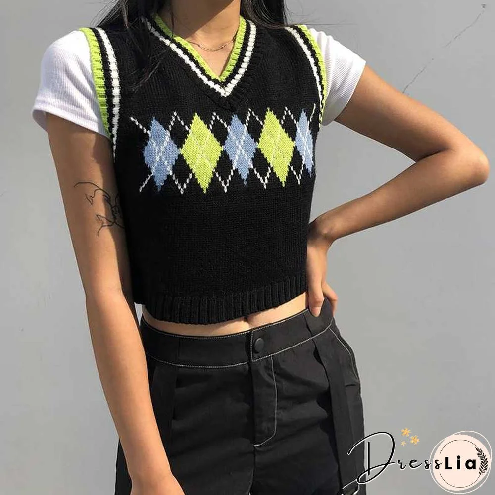 Checkered Cropped Knitted Tank Argyle Sleeveless Jumper