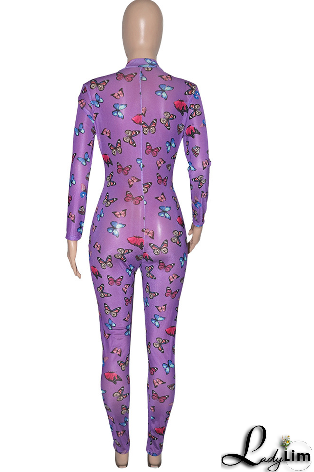 Rose Red Sexy Butterfly Print Patchwork Zipper Collar Skinny Jumpsuits