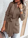 Urban Solid Color Belted Long Sleeves Lapel Collar Blazer