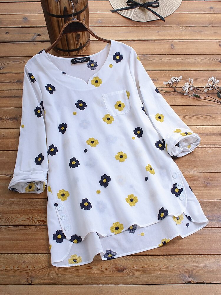 Casual Floral Printed Pocket Button Long Sleeve V Neck Blouse P1643187