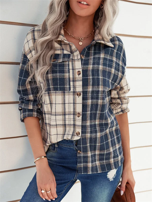 Lapel Neck Plaid Patchwork Shirt Jacket