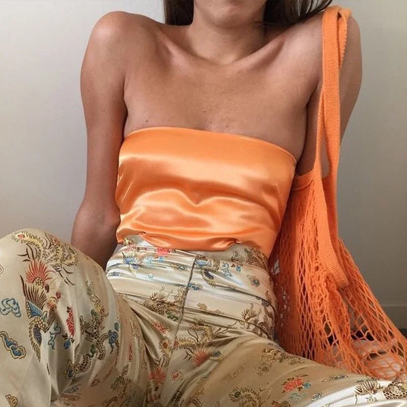 2022 Satin Backless Sexy Crop Top Women Green Y2K Summer Cami Bandage Sleeveless Strapless Tank Tops Off Shoulder