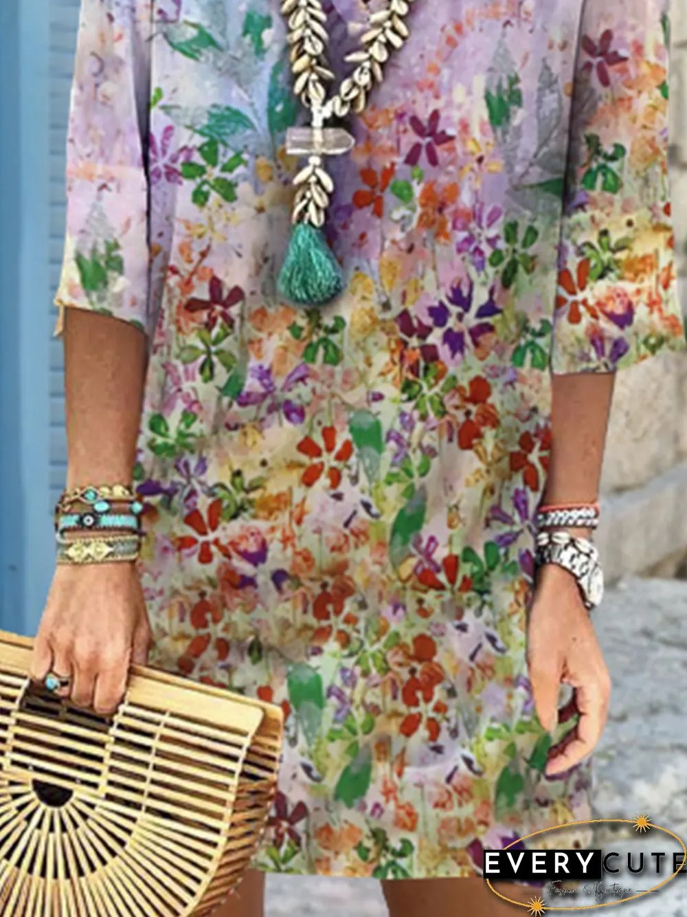 Floral 3/4 Sleeve V Neck Plus Size Casual Dresses