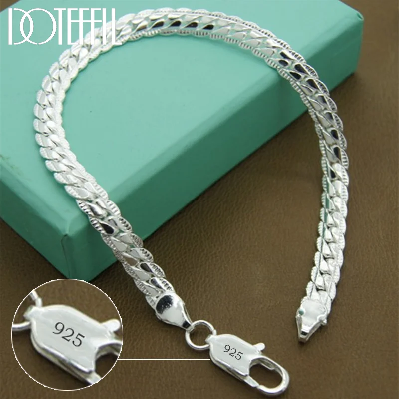 DOTEFFIL 925 Sterling Silver Bracelet 6mm 18/19/20cm Flat Side Chain Lobster Clasp For Woman Man Jewelry