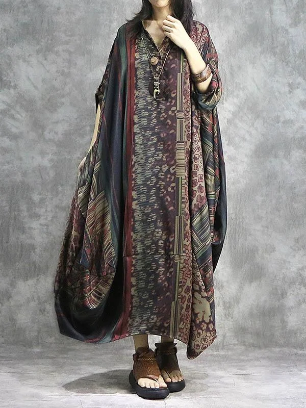 Vintage Split-joint Roomy Silk Stamped Maxi Dress
