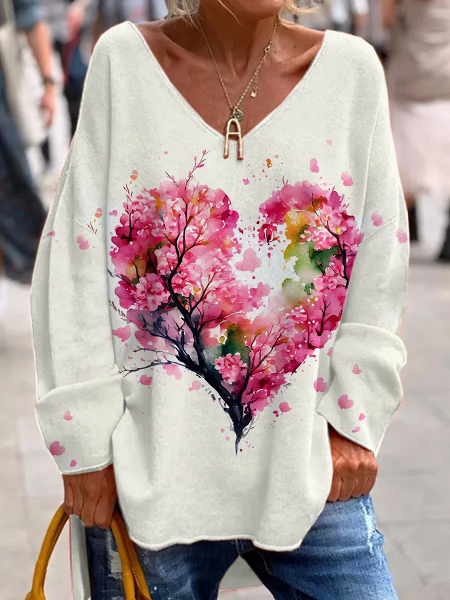 Women's Valentine's Day Floral Love Print Casual V-Neck Long Sleeve T-Shirt