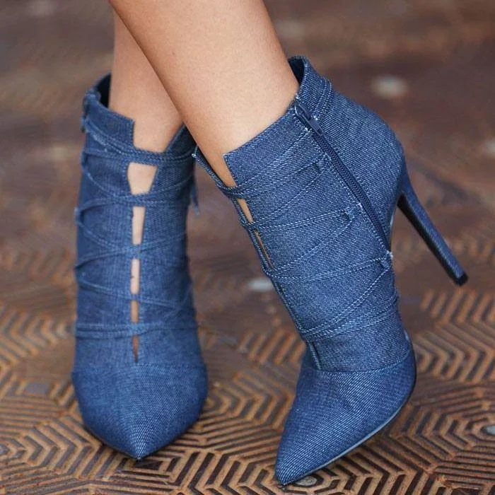Blue Denim Pointy Toe Lace up Boots Stiletto Heel Ankle Booties |FSJ Shoes