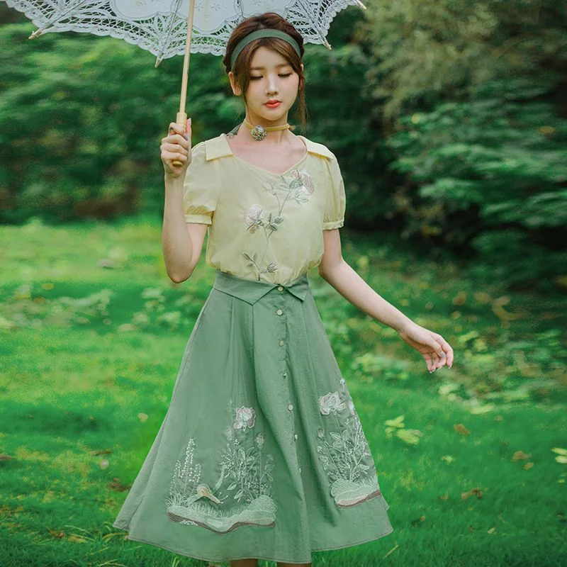 Cottagcore Flower Embroidered Short-Sleeve Blouse / A-Line Skirt YP2417