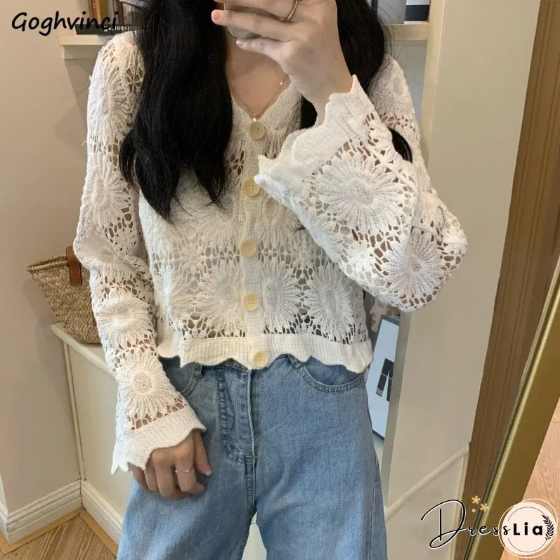 Christmas Gift Women Blouses Solid Shirts Hollow Out V-neck Spring Autumn Long Sleeve Tops