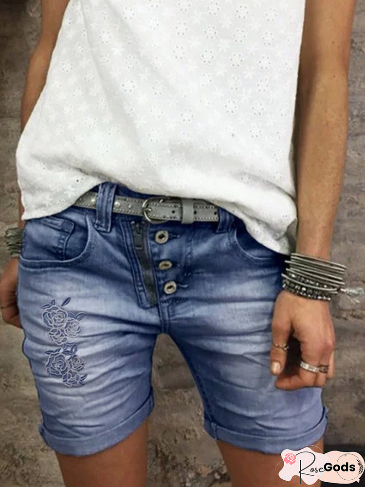 Ombre/Tie-Dye Casual Floral-Embroidered Denim Shorts