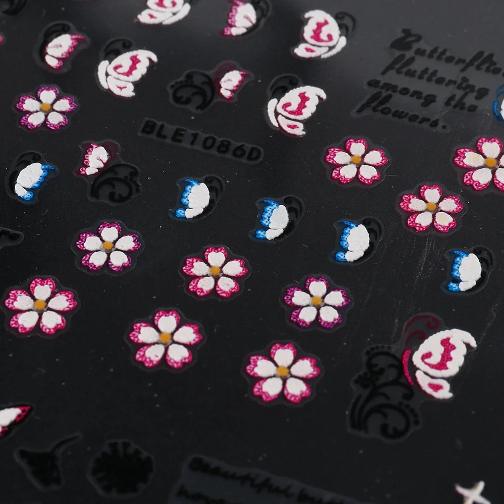 12 Sheet/Set Nail Stickers Back Glue Flowers Butterfly Designs Nail Decal Decoration Tips For Beauty Salons-Nail Inspo