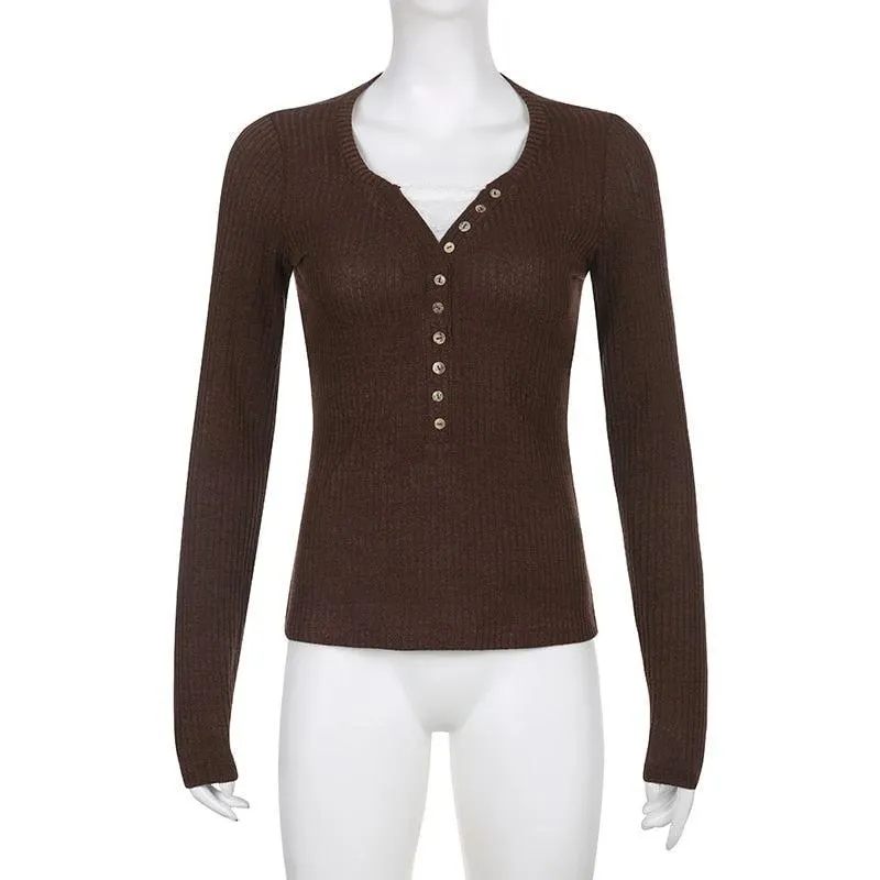 Brownm Grunge Button Front Top