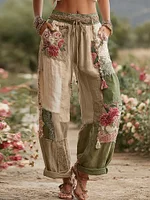Love & Health Collection Retro Rose And Floral Patchwork Art Linen Pants - Image 3