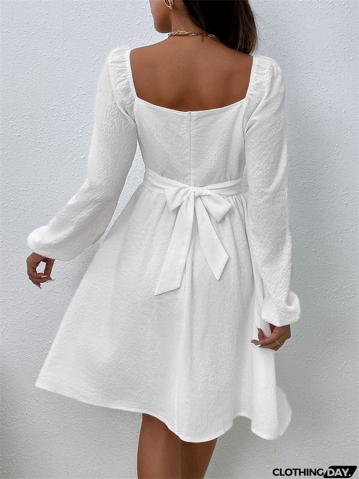 Temperament Trendy Lady Square Neck Long Sleeve High-waisted A-line Dress