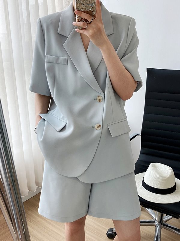 Casual Solid Color With Pocket Notched Collar One Buttoned Suits+Shortstwo Pieces Set 
