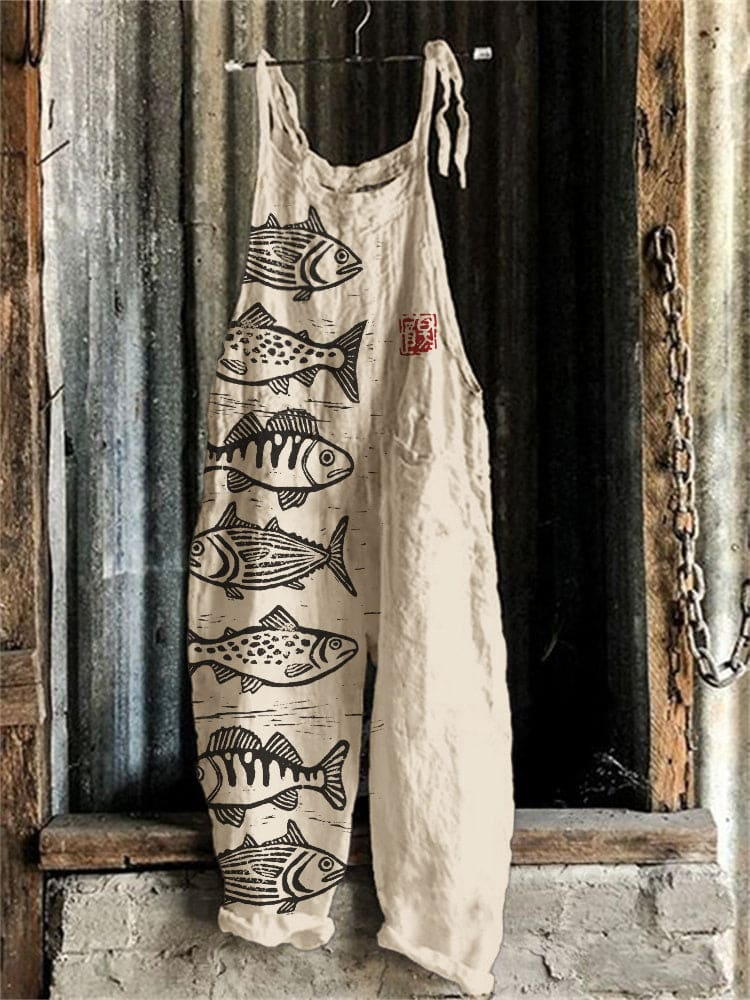 Women's Dark Art Print Casual Cotton Wide Leg Jumpsuit
