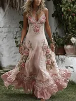 Women's Vintage Pink Rose Lace Art V Neck Suspender Maxi Dress