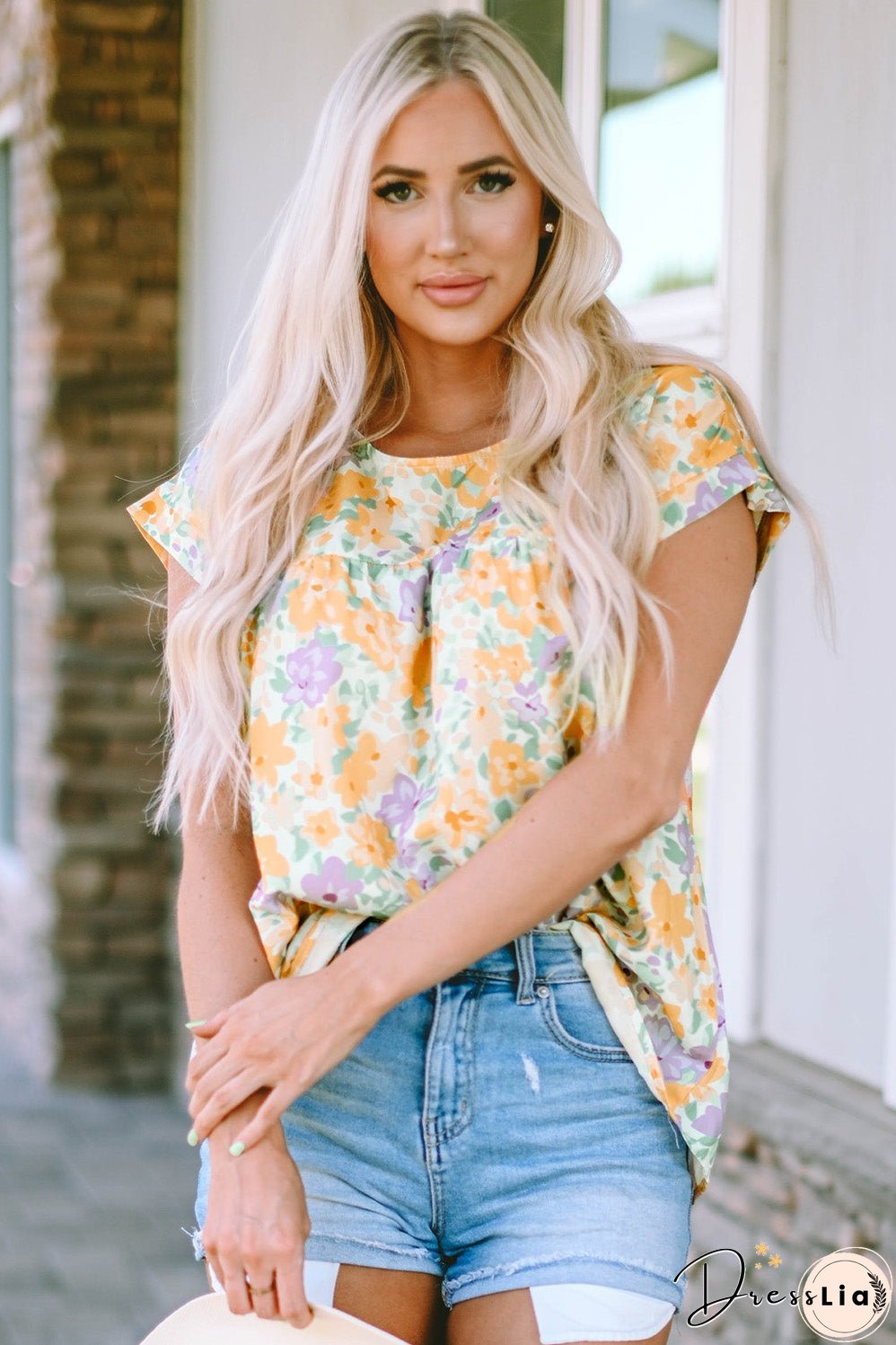 Printed Round Neck Cap Sleeve Blouse