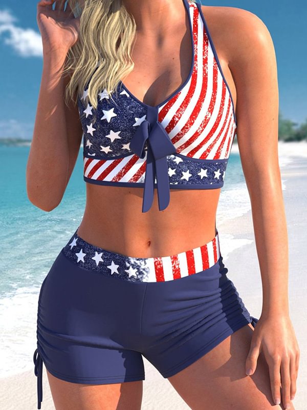 American Flag Print Cross Strap Bikini Set