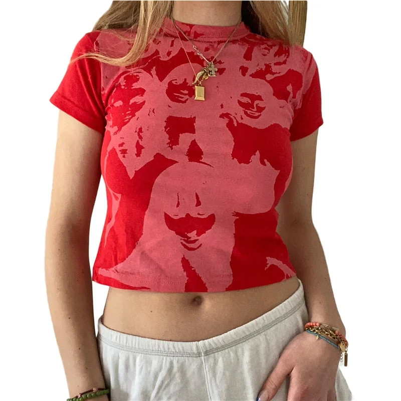 Xingqing Gothic Portrait Print T-shirt Aesthetic Short Sleevle Sweats Tees Harajuku Streetwear White Crop Top Women Clothes