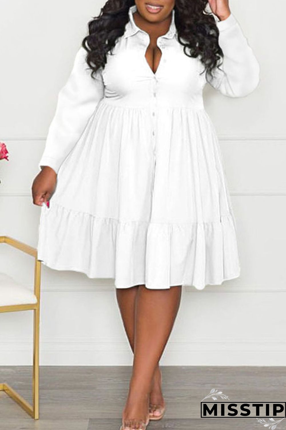 Black Casual Solid Patchwork Buckle Fold Turndown Collar A Line Plus Size Dresses