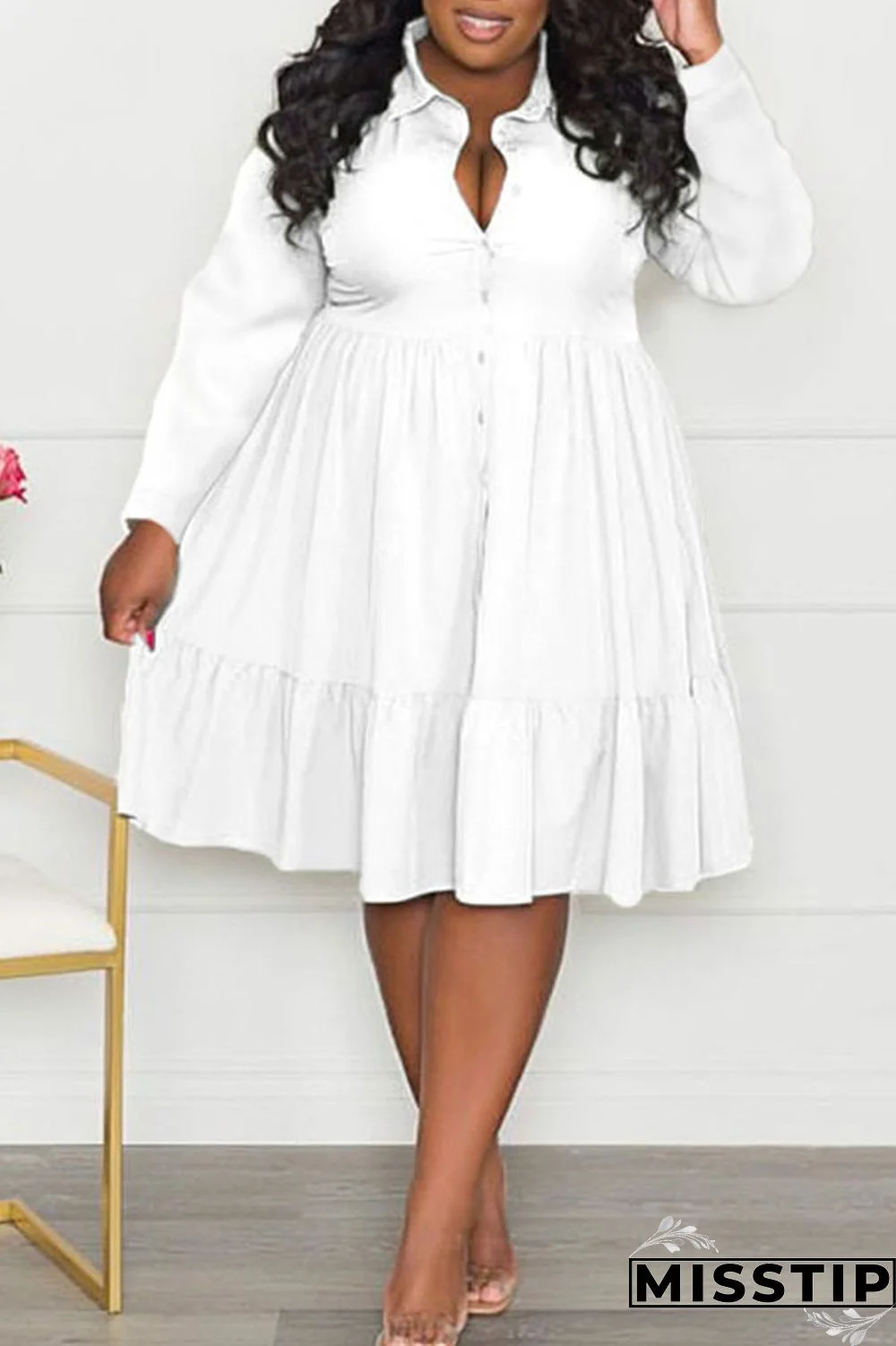 Black Casual Solid Patchwork Buckle Fold Turndown Collar A Line Plus Size Dresses