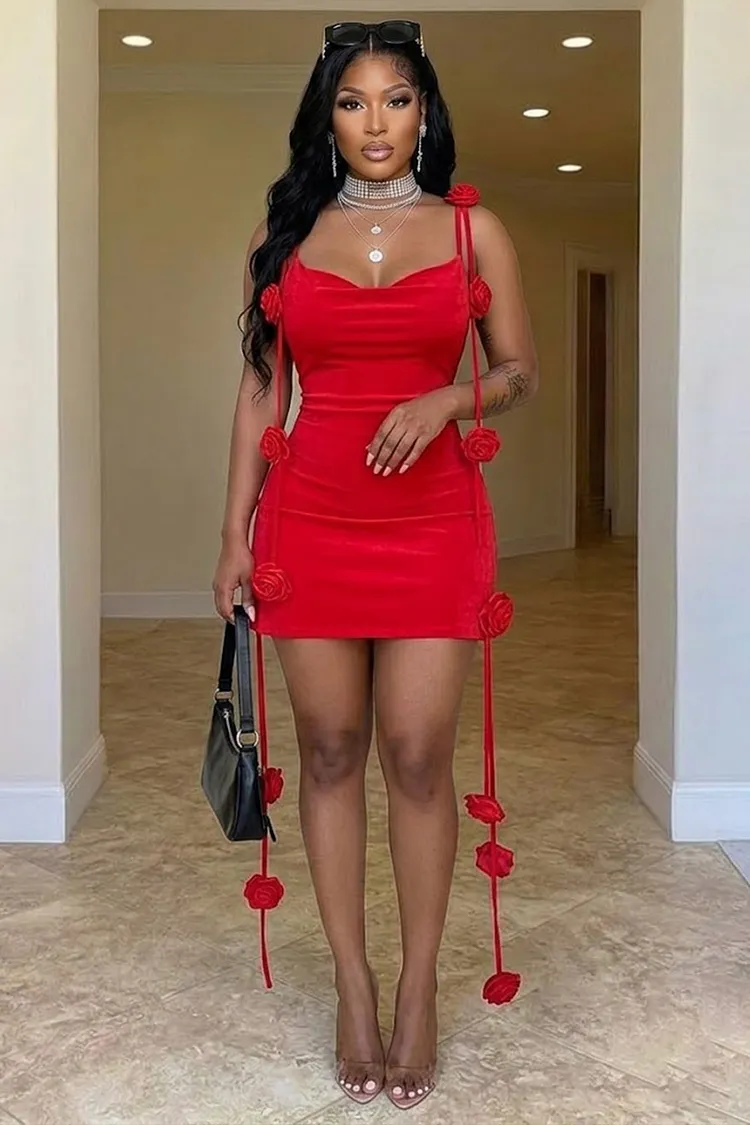 Solid Color 3D Floral Decor Cami Neck Backless Party Mini Dresses-Red