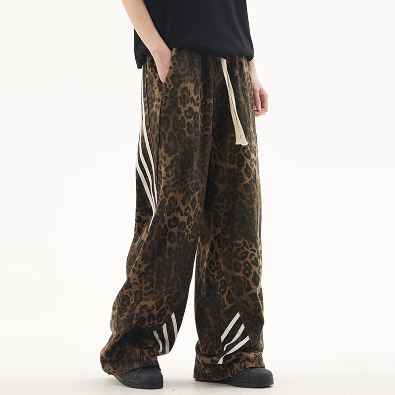 Unisex Striped Street Retro Leopard Print Trendy Straight Casual Pants - SOPULA