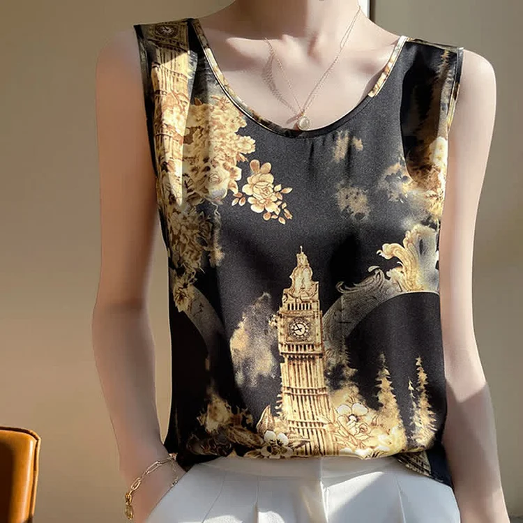 Floral Print Round Collar Satin Cami Top Workwear - Modakawa modakawa