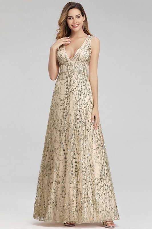 Sexy V-Neck Gold Crystal Long Prom Dress Online