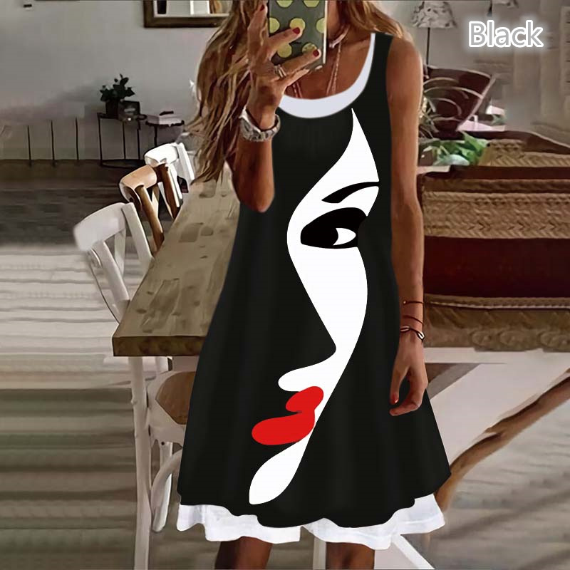 Women Sleeveless Casual Portrait Abstract Print Knee Length Dress