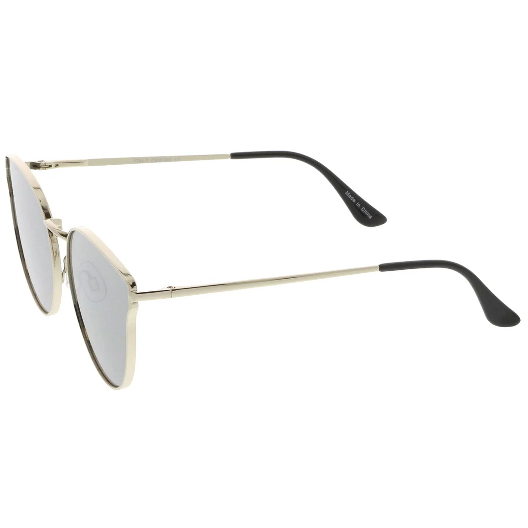 Premium Metal Cat Eye Sunglasse With Slim Arms And Round Colored Mirror Flat Lens 54mm