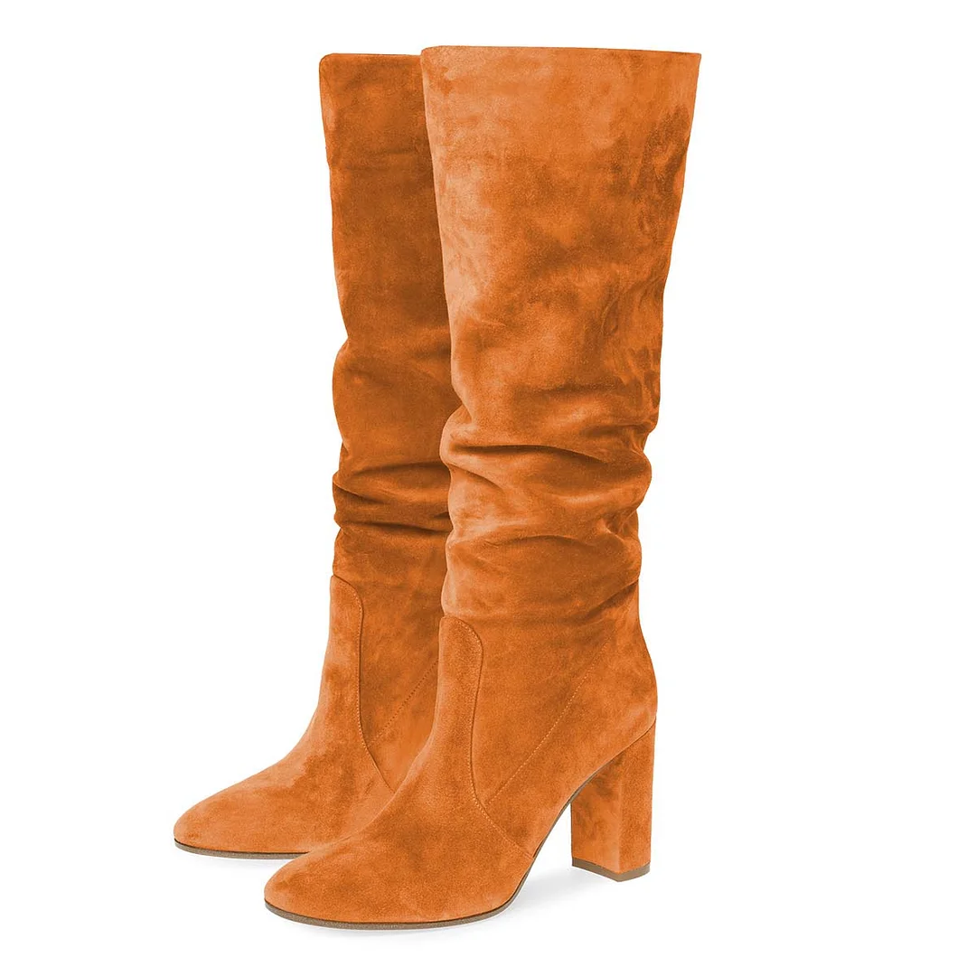YDN Simple Orange Chunky Heel Round Toe Pull-On Slouch Tall Boots