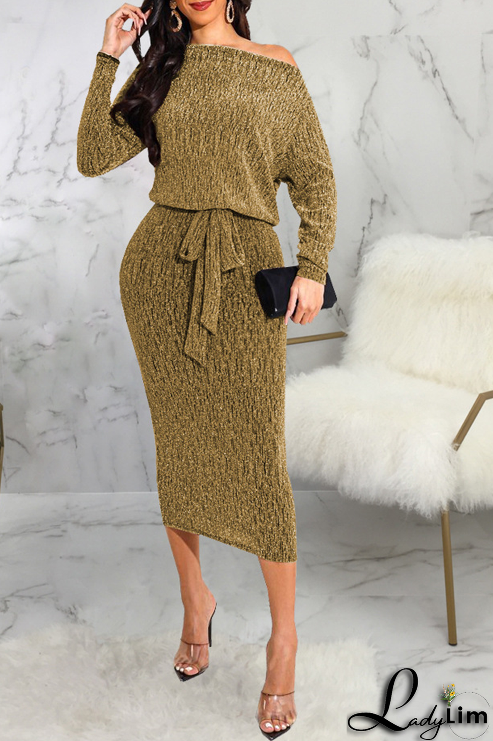 Burgundy Casual Solid Split Joint Off the Shoulder Waist Skirt Dresses