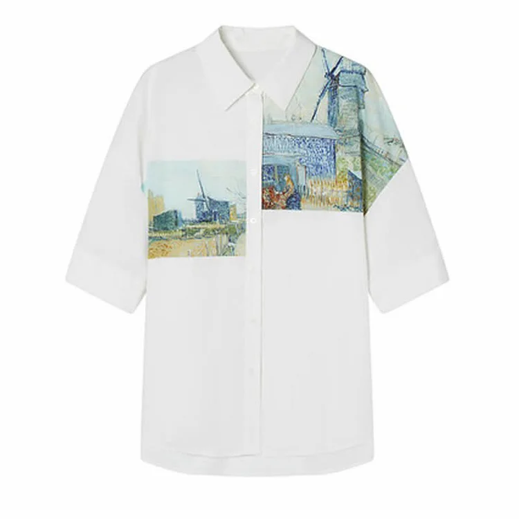 Vintage Painting Print Short Sleeve Lapel Shirt Workwear - Modakawa modakawa