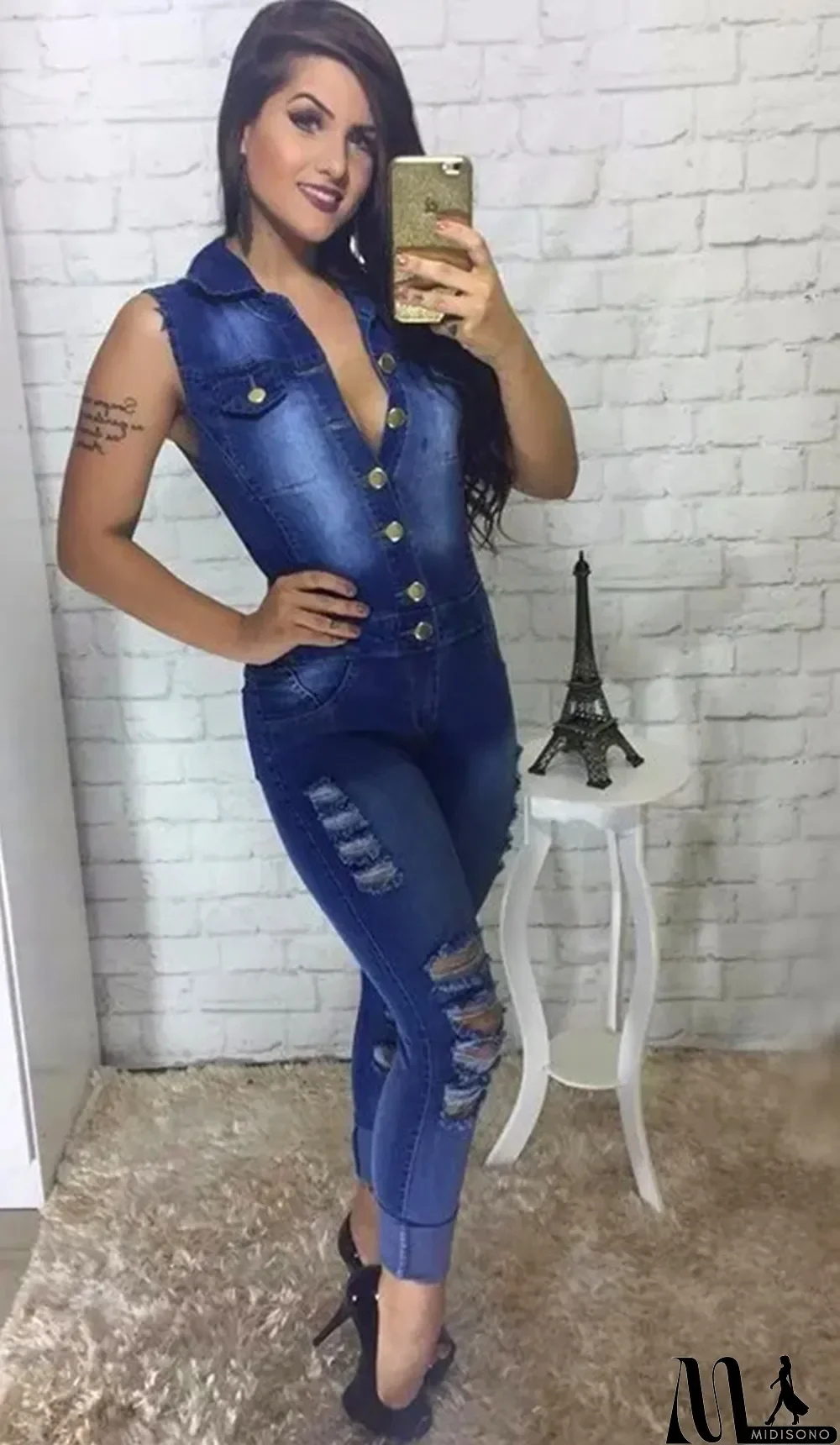 MidiSono - Plus Size Denim Ripped Sleeveless Jeans Jumpsuit